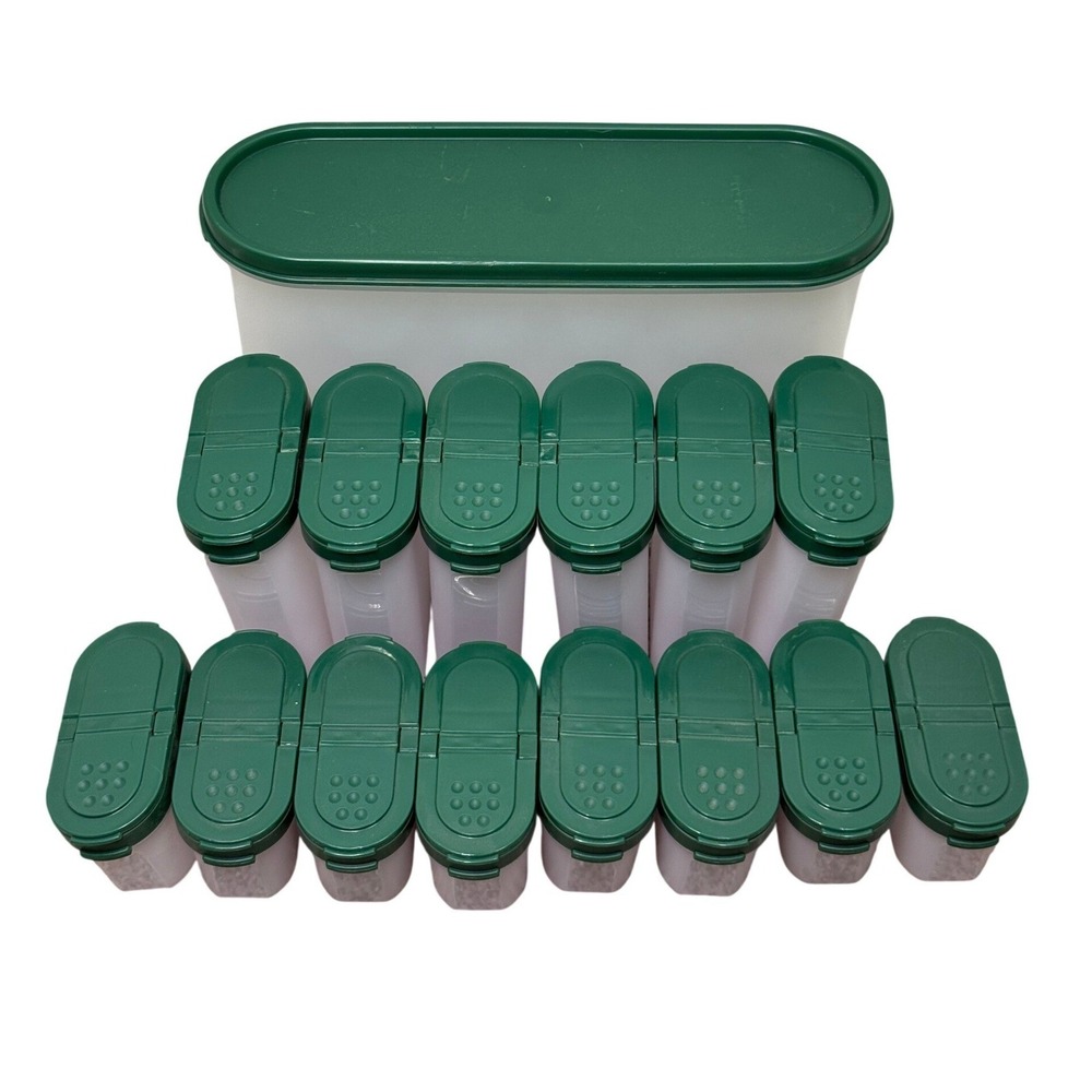 Tupperware Modular Mates Spice Shaker Set 15pc Hunter Green lids Lot VTG - Picture 5 of 6
